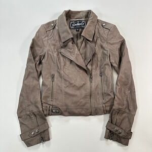 Sugarfly Women Faux Leather Moto Jacket Taupe Brown Zipper Collar Snap Size S